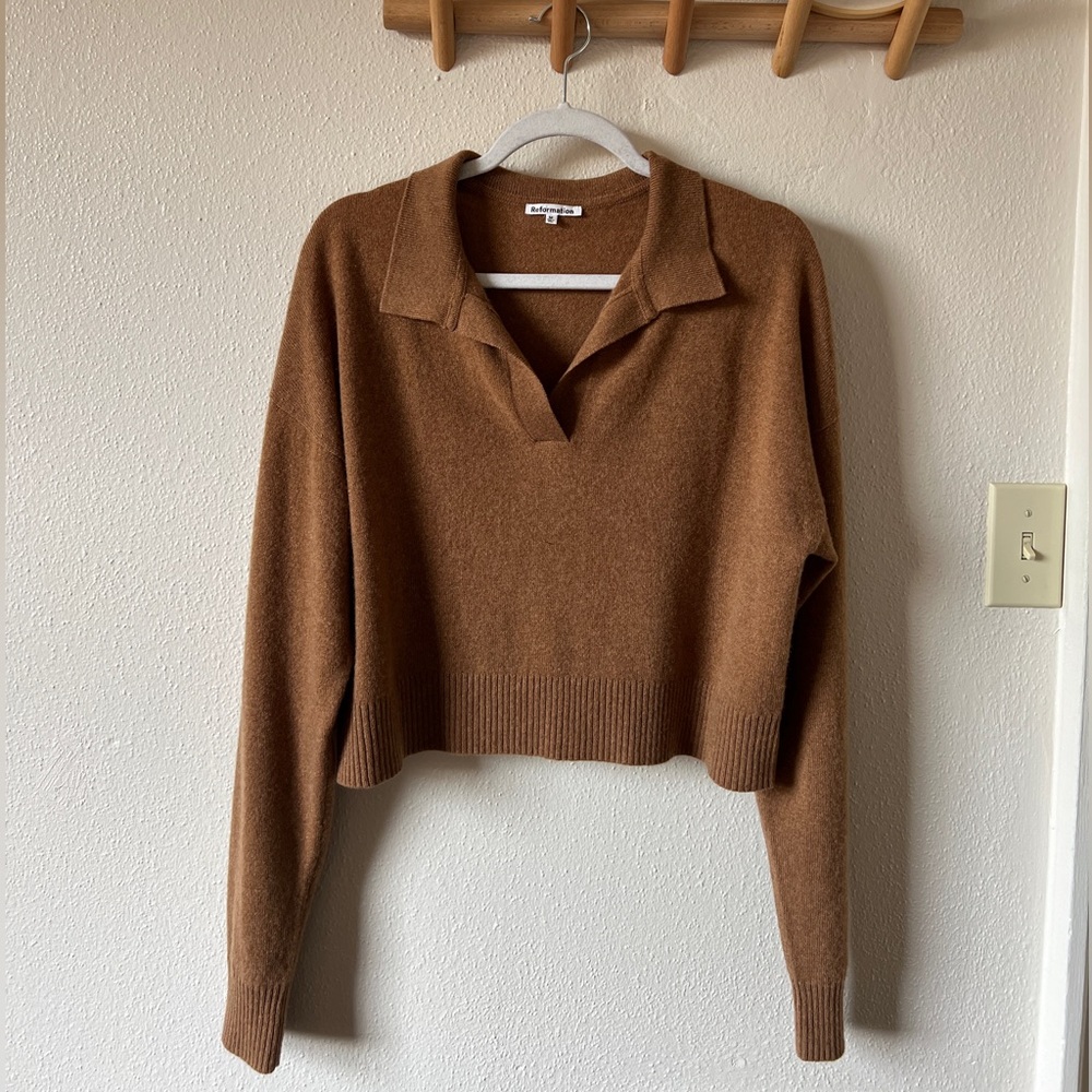 reformation cashmere crop polo sweater